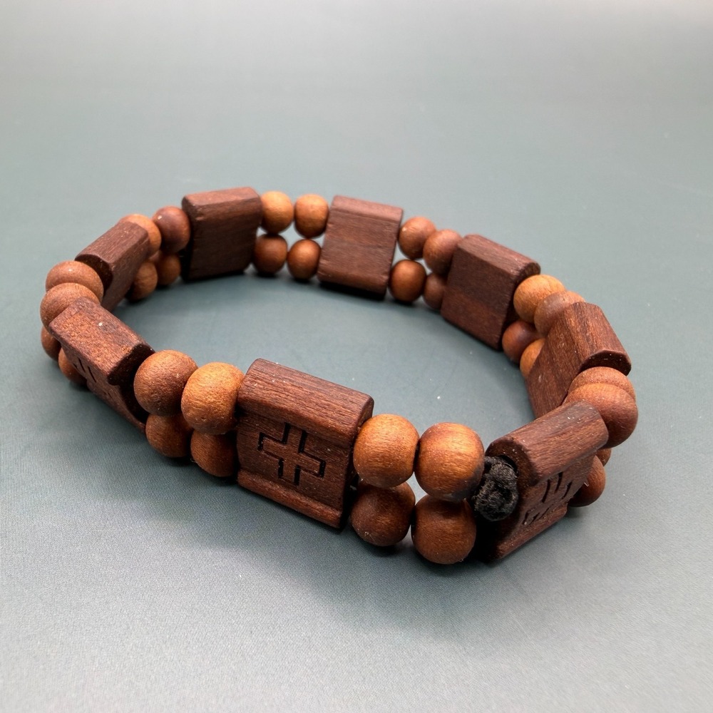 Set of 2 Brown Wooden Bead Braided Cord Cross Bracelets Boho Christian Gift Men - Picture 15 of 17